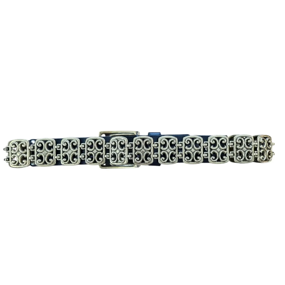 Brighton Black Leather Scroll Link Belt Gold Tone Accents Size M Style 49013 USA